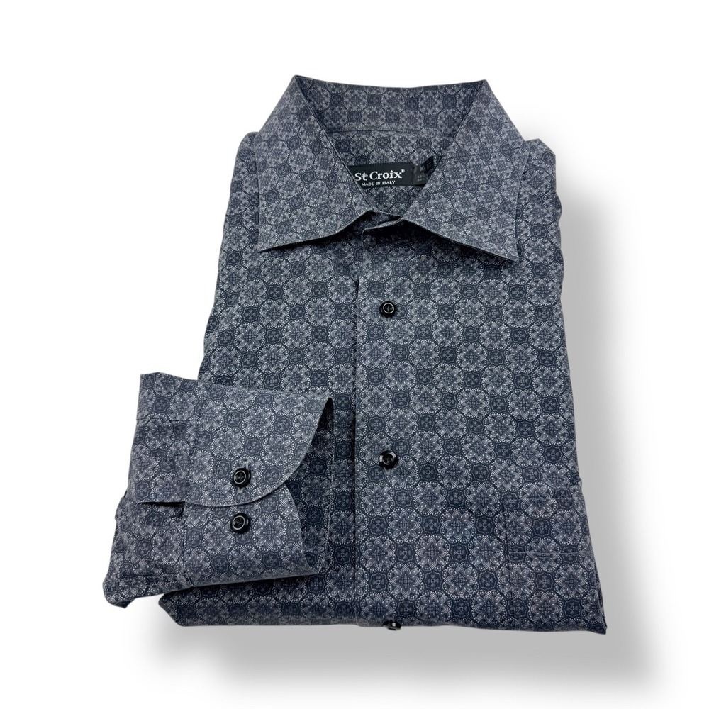 St Croix Mens XL Geometric Print Button Down Shirt Made‎ in Italy Long Sleeve